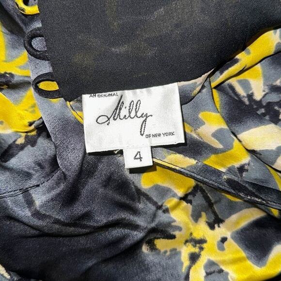 Milly Georgette silk mock turtleneck yellow and black watercolor floral print be - Picture 3 of 5